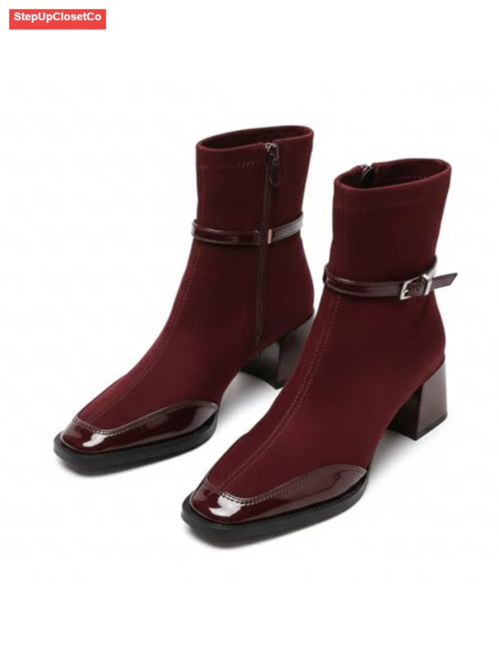 Faux Suede Patent Leather Block Heel Sock Boots Square Toe Ankle Booties